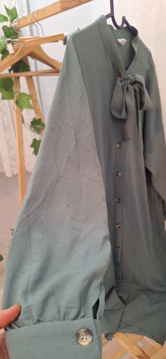 Düğmeli yesil Kadın Uzun Keten Tunik - Görsel 2