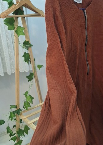 Uzun Kollu Fermuarlı Keten Tunik - Görsel 3