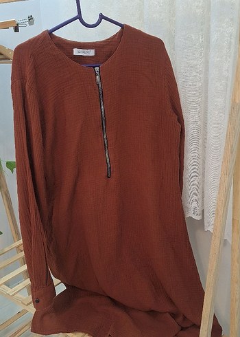 Uzun Kollu Fermuarlı Keten Tunik - Görsel 2