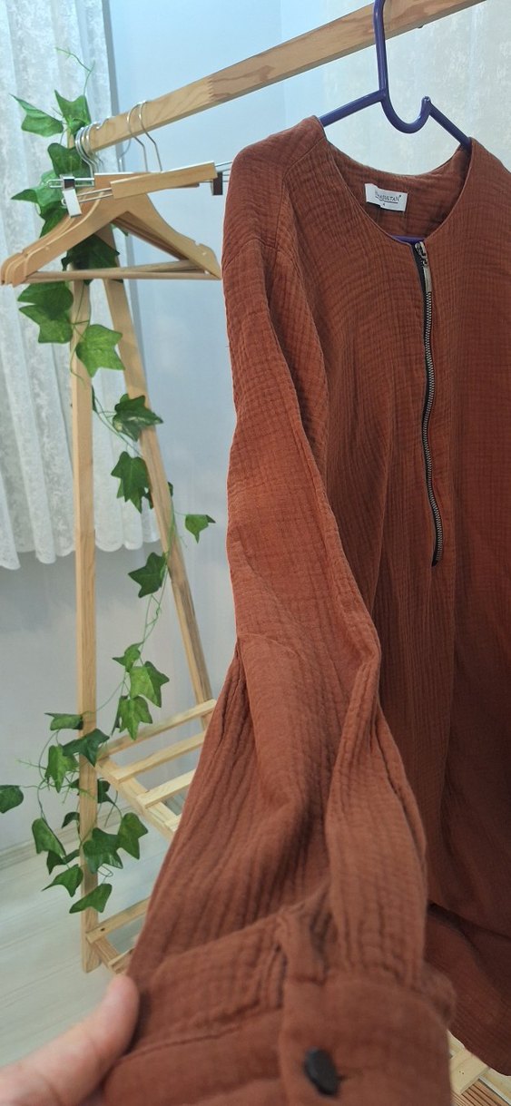 Uzun Kollu Fermuarlı Keten Tunik - Görsel 3