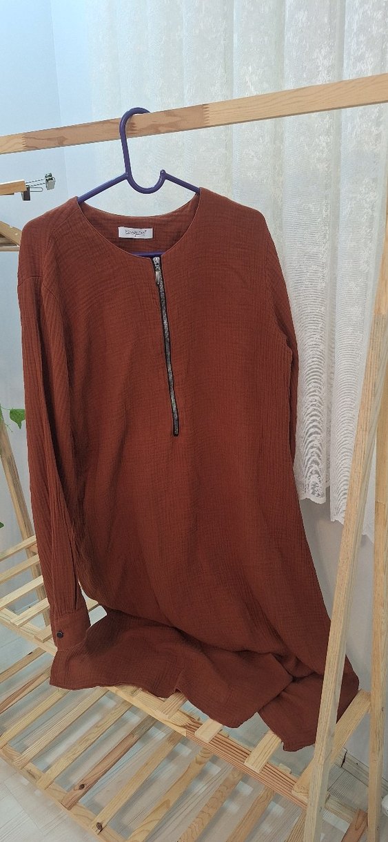 Uzun Kollu Fermuarlı Keten Tunik - Görsel 2