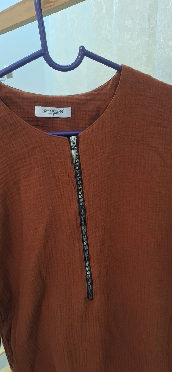 Uzun Kollu Fermuarlı Keten Tunik - Görsel 4