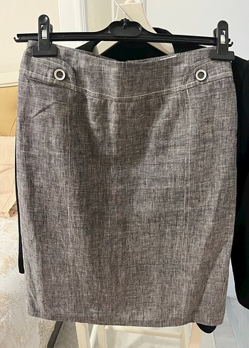 Düğmeli Gri Keten Kadın Pantolon - Görsel 2