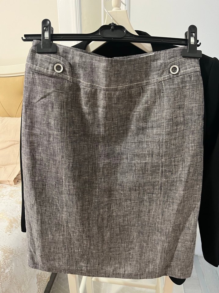 Düğmeli Gri Keten Kadın Pantolon - Görsel 3