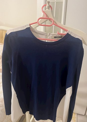 Uzun Kollu, lacivert Beyaz Pilili Salaş Bluz - Görsel 3