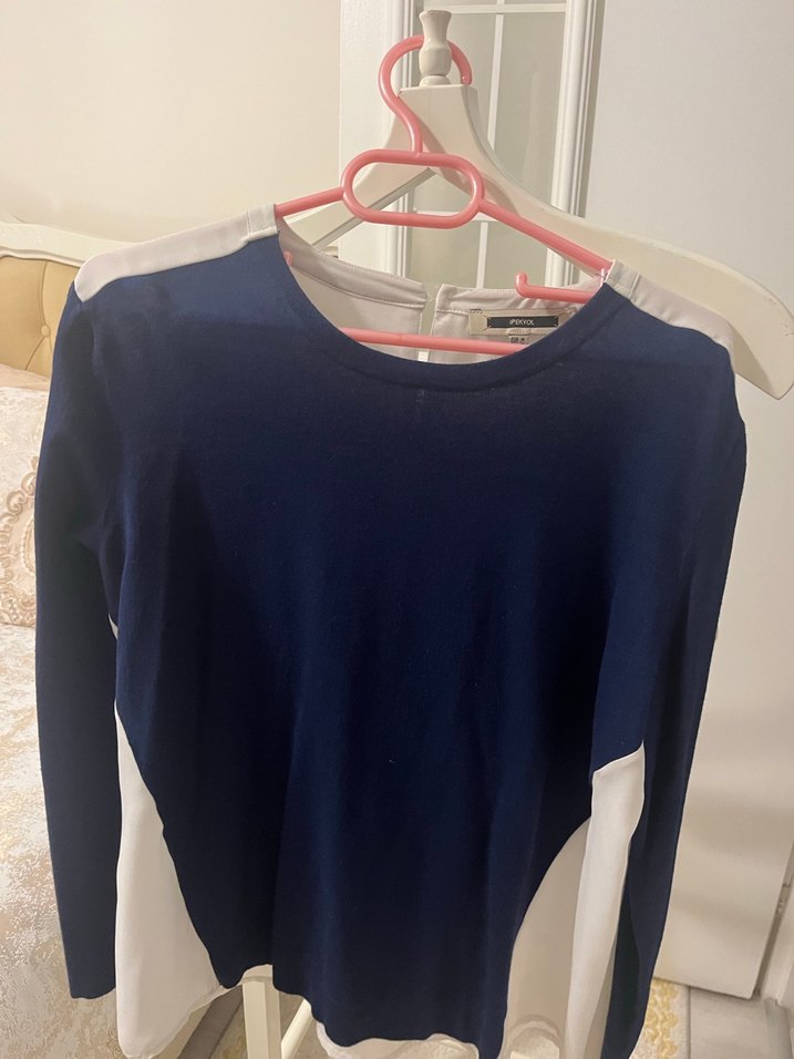 Uzun Kollu, lacivert Beyaz Pilili Salaş Bluz - Görsel 3