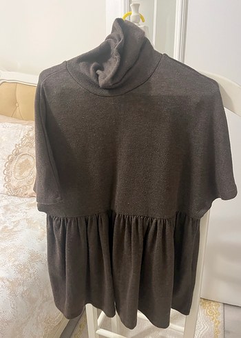 Drapeli Boğazlı Kahverengi Hamile Tunik - Görsel 2