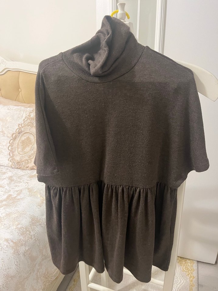 Drapeli Boğazlı Kahverengi Hamile Tunik - Görsel 2