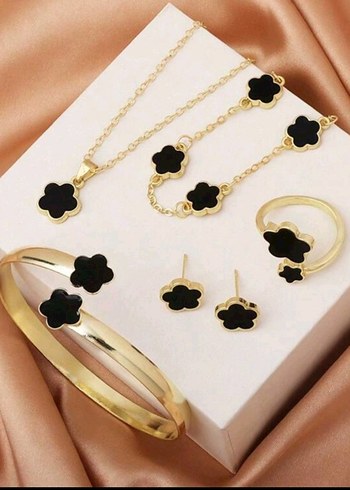 Siyah Çiçekli Altın Renk Minimalist Takı Seti.320