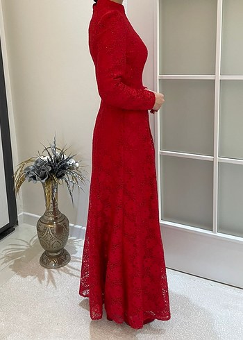 Klasik Zarif Kırmızı Dantel Uzun Kollu Elbise - Görsel 4