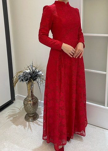 Klasik Zarif Kırmızı Dantel Uzun Kollu Elbise - Görsel 3