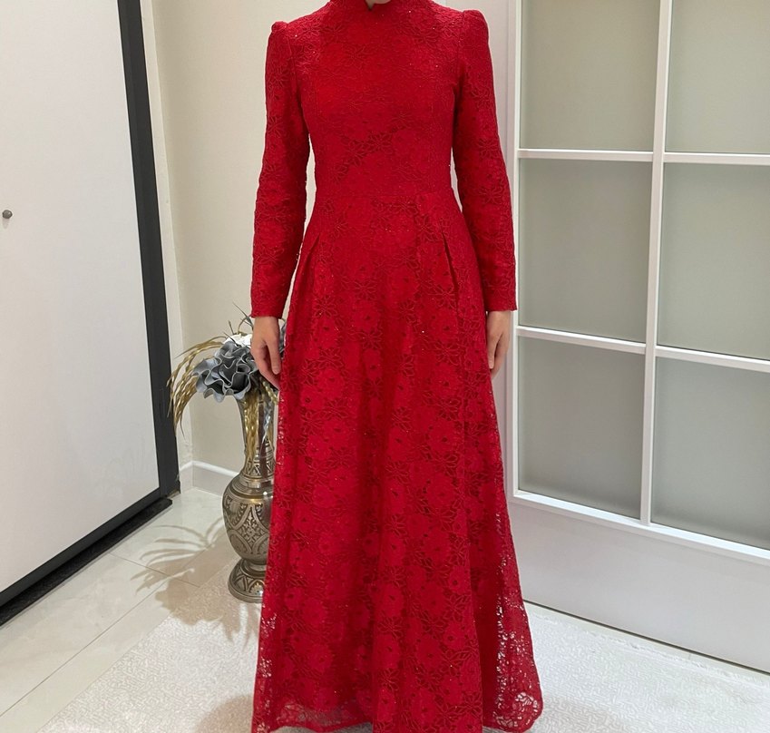 Klasik Zarif Kırmızı Dantel Uzun Kollu Elbise - Görsel 2