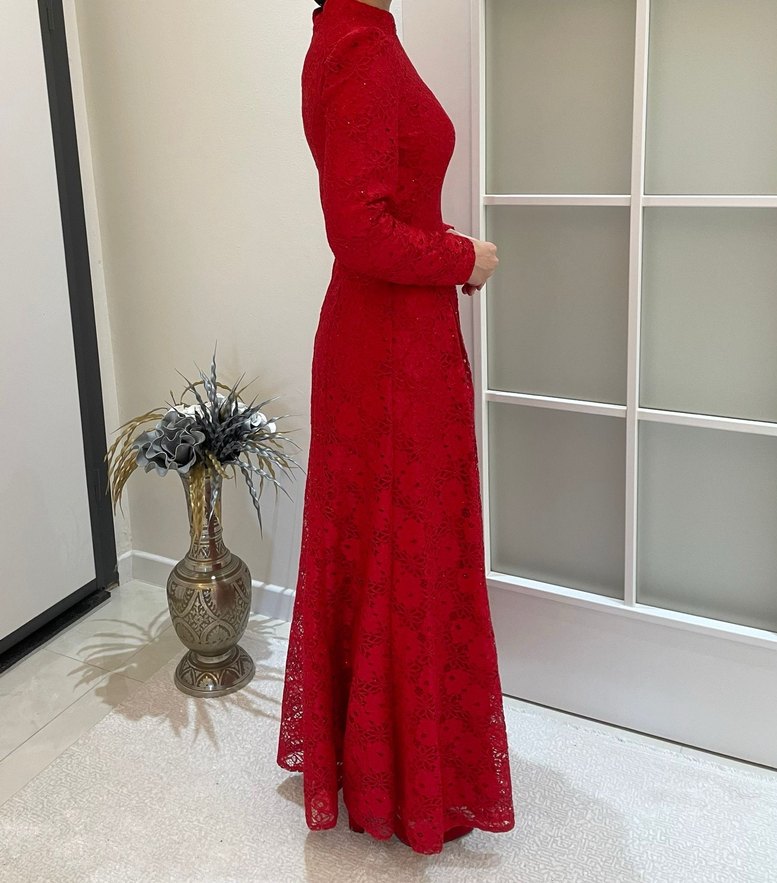 Klasik Zarif Kırmızı Dantel Uzun Kollu Elbise - Görsel 4