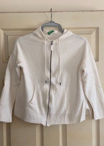 Benetton Beyaz Merino Kaşmir Hırka Kapüşonlu