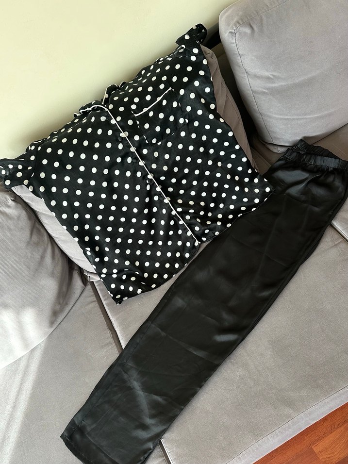 LCW puantiyeli siyah saten pijama takımı XL - Görsel 2