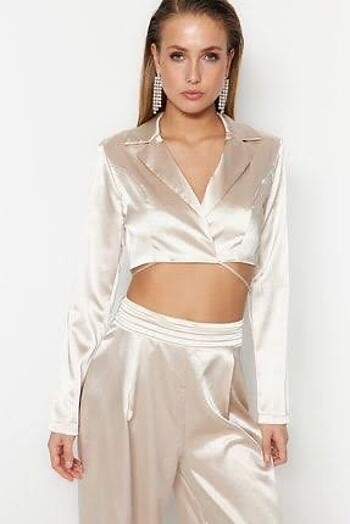 bej saten blazer ceket