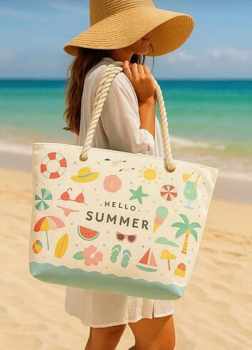 Hello summer desenli plaj ve piknik çantası 55x36x15 cm