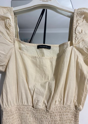 Keten Bej Midi Elbise Pilili ve Kısa Kollu - Görsel 2