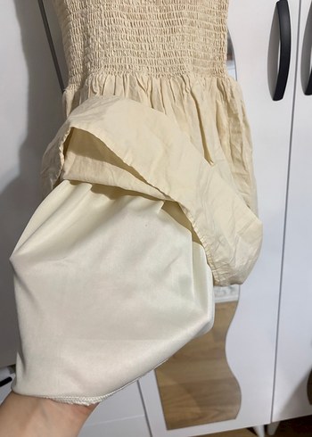 Keten Bej Midi Elbise Pilili ve Kısa Kollu - Görsel 3