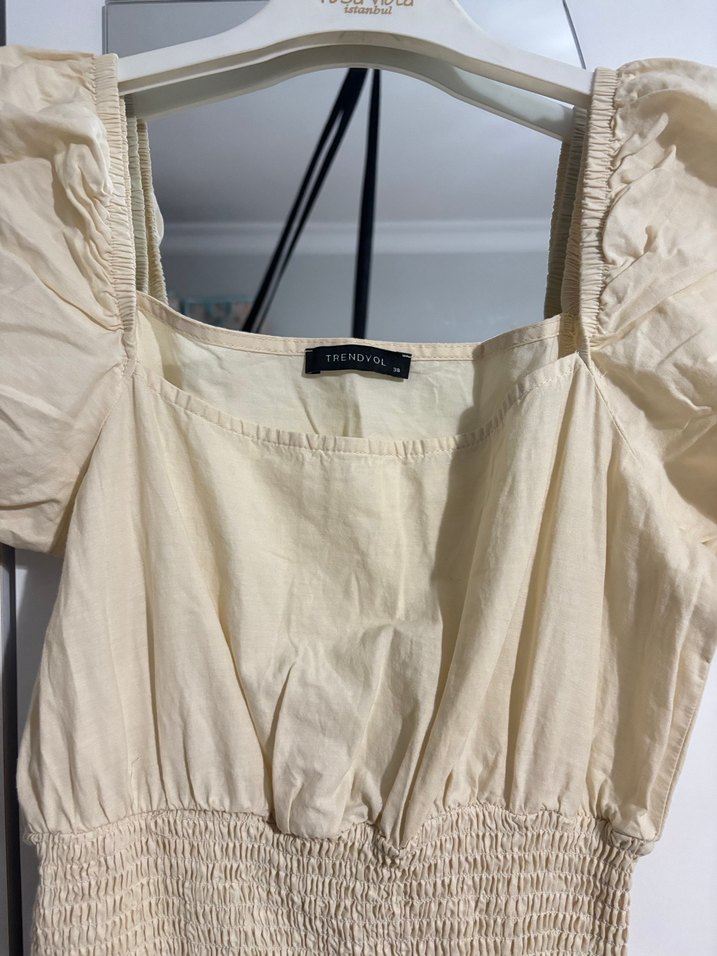 Keten Bej Midi Elbise Pilili ve Kısa Kollu - Görsel 2