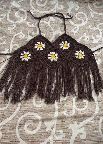 Kahverengi Nakışlı Bohem Mini Bralet