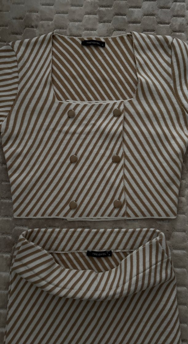 Düğmeli Çizgili Mini Kadın takım - Görsel 5