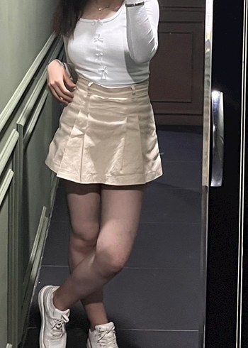 Bej Kemerli Mini Etek - Görsel 2