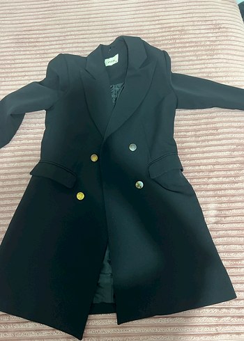 Düğmeli Siyah Uzun Kadın Blazer Ceket - Görsel 2