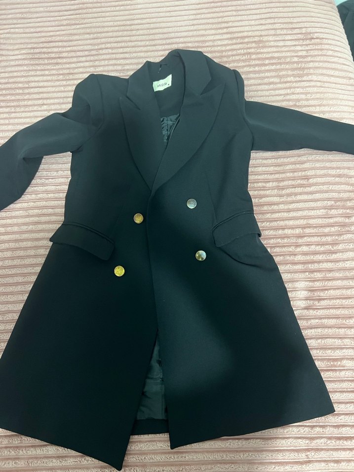 Düğmeli Siyah Uzun Kadın Blazer Ceket - Görsel 2