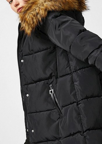 Kürk Detaylı Siyah Midi Kışlık Kadın Mont - Görsel 3