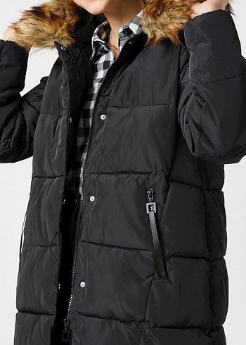 Kürk Detaylı Siyah Midi Kışlık Kadın Mont - Görsel 2