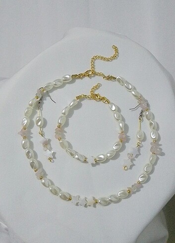 Doğal taş detaylı yıldızlı inci set (gold) 