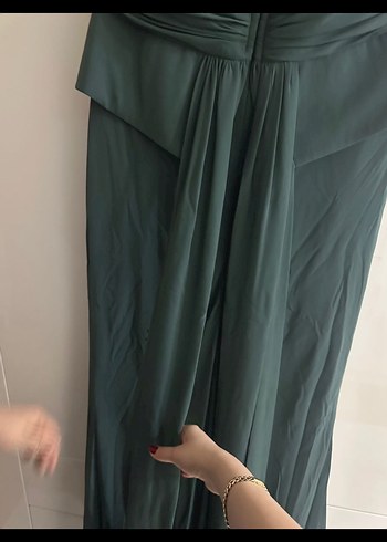 Gri V Yakalı Uzun Drapeli Kadın Abiye Elbise - Görsel 5