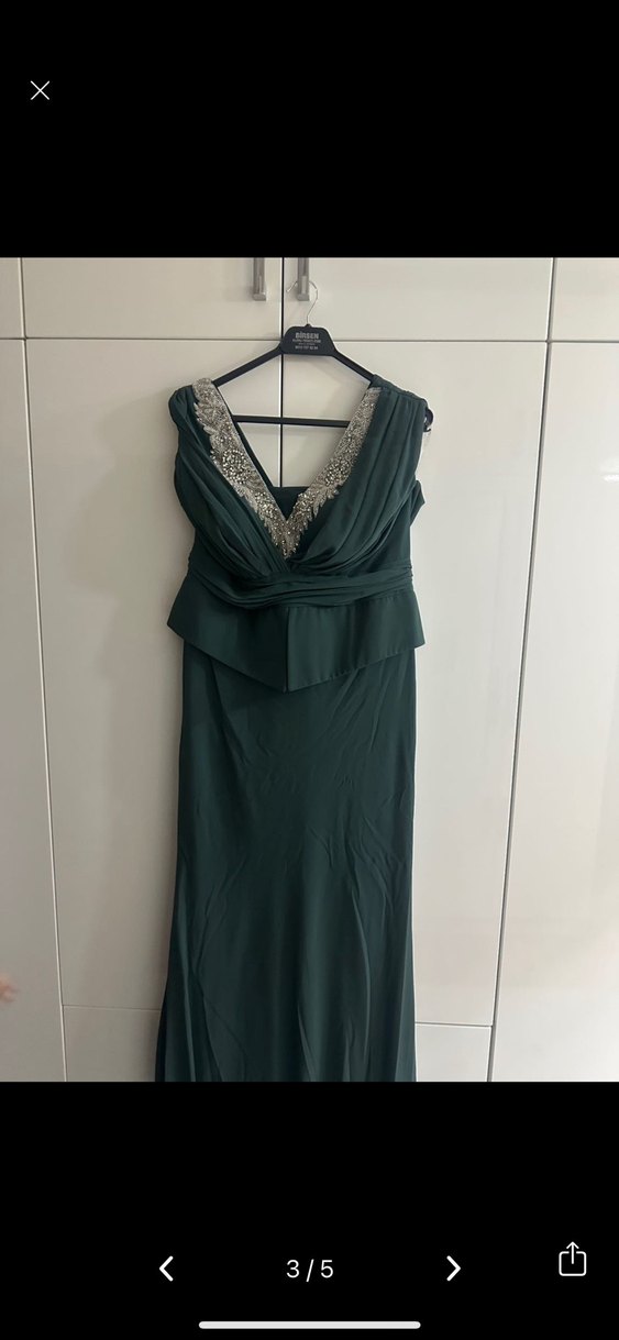 Gri V Yakalı Uzun Drapeli Kadın Abiye Elbise - Görsel 3