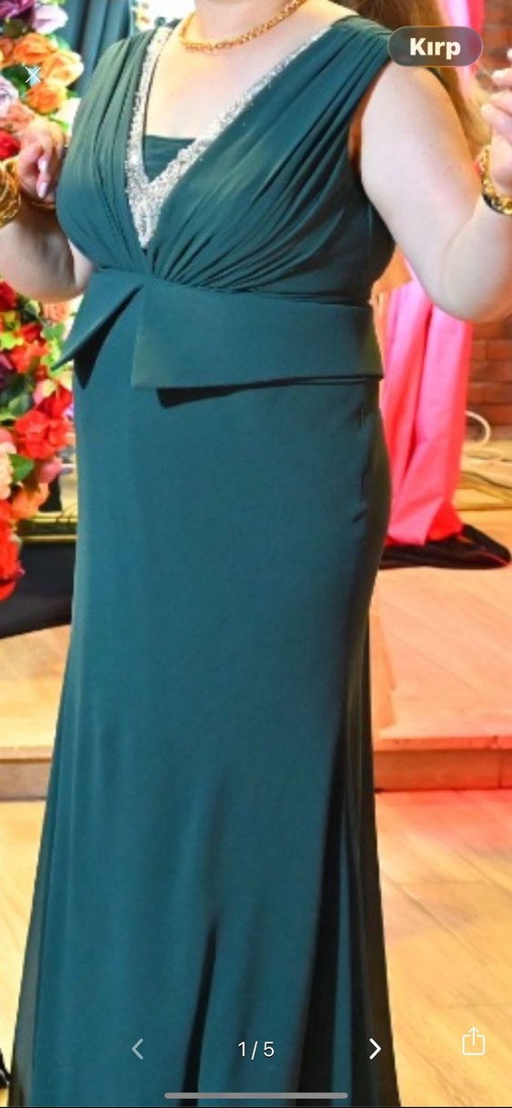 Gri V Yakalı Uzun Drapeli Kadın Abiye Elbise - Görsel 2