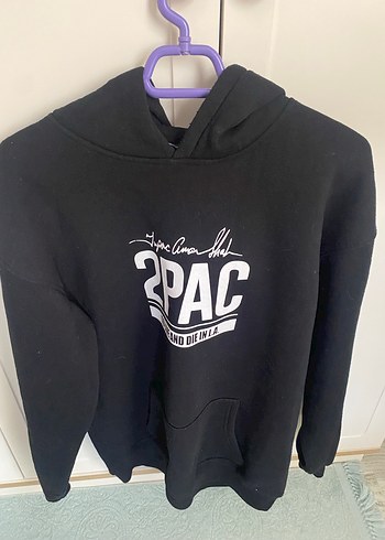 PAC Baskılı Siyah Kapüşonlu Sweatshirt