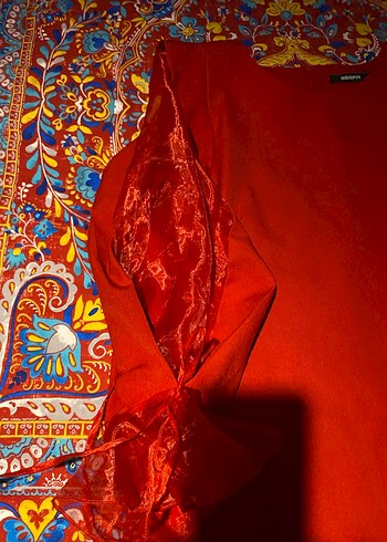 Uzun Kollu Kırmızı Bohem Drape Elbise - Görsel 3