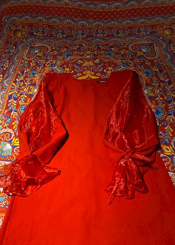 Uzun Kollu Kırmızı Bohem Drape Elbise - Görsel 2