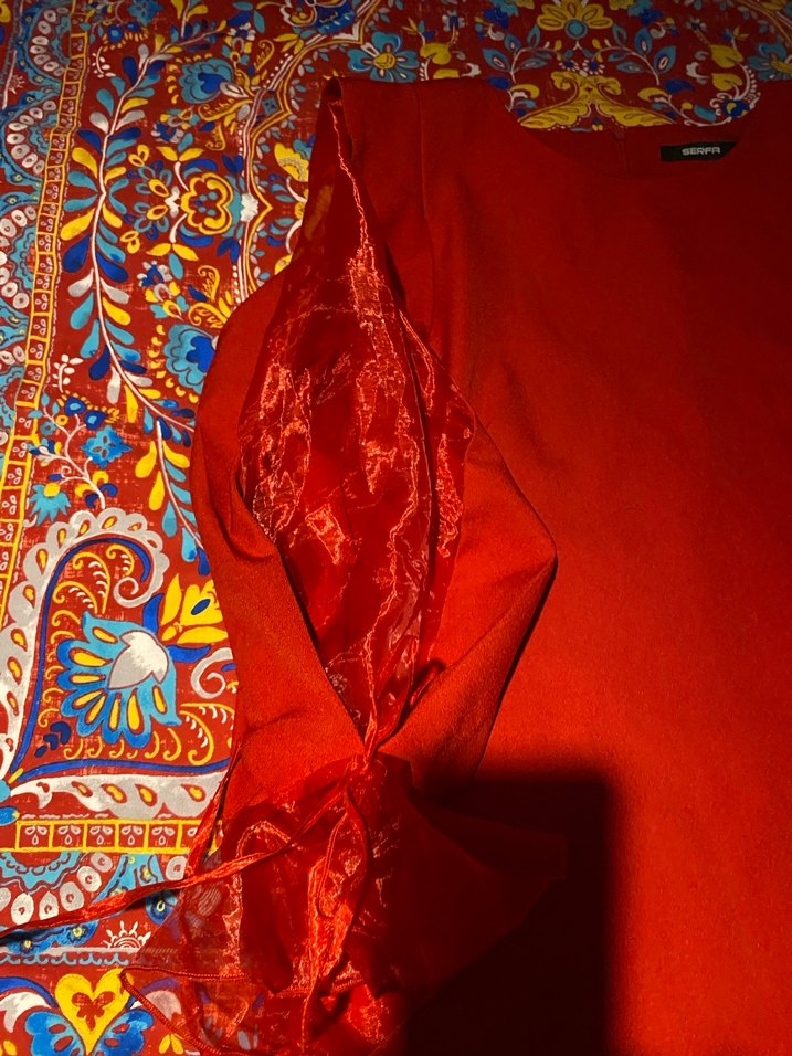 Uzun Kollu Kırmızı Bohem Drape Elbise - Görsel 3