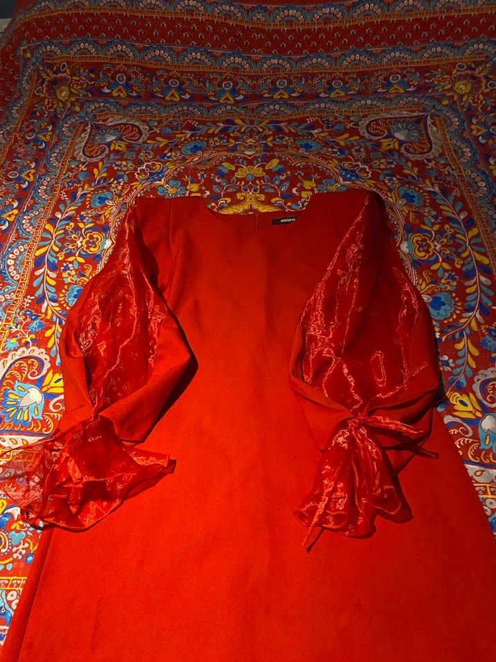 Uzun Kollu Kırmızı Bohem Drape Elbise - Görsel 2