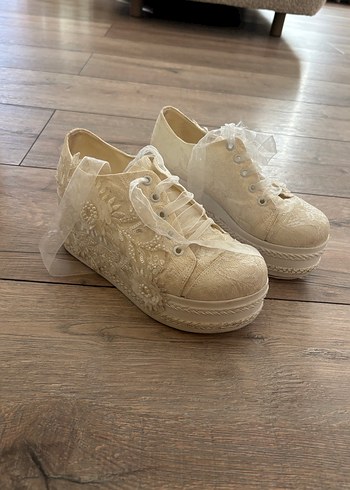 Dantel Bağcıklı Beyaz Kadın Dolgu Topuklu Spor Ayakkabı gelin ak - Görsel 7