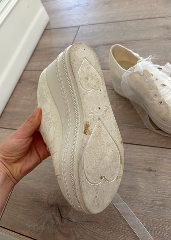 Dantel Bağcıklı Beyaz Kadın Dolgu Topuklu Spor Ayakkabı gelin ak - Görsel 4