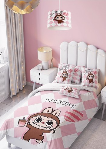 Pembe Labubu Baskılı Tek kişilik Nevresim Takımı