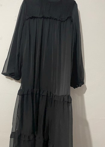 Uzun Siyah Fırfırlı Gotik Kadın Elbise