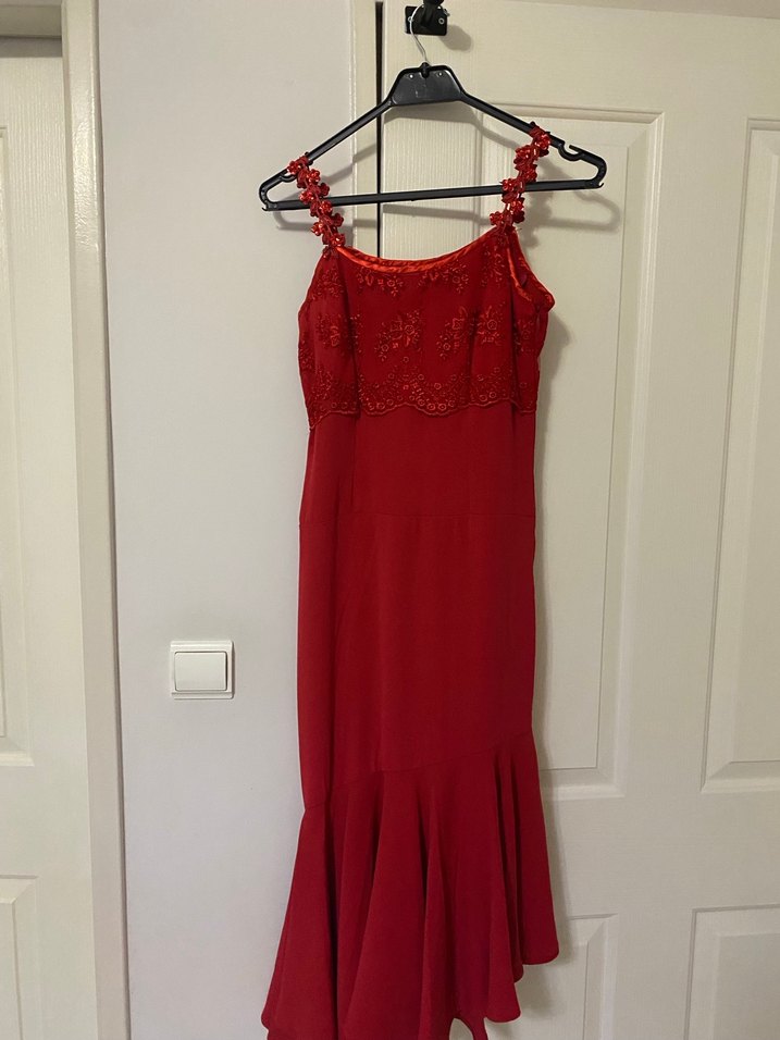 Kırmızı Uzun Askılı Kadın Abiye Elbise - Görsel 2