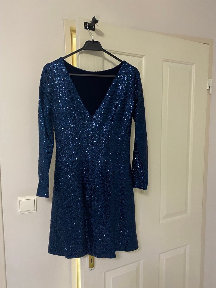 Parlak Lacivert Uzun Kollu Midi Elbise - Görsel 2