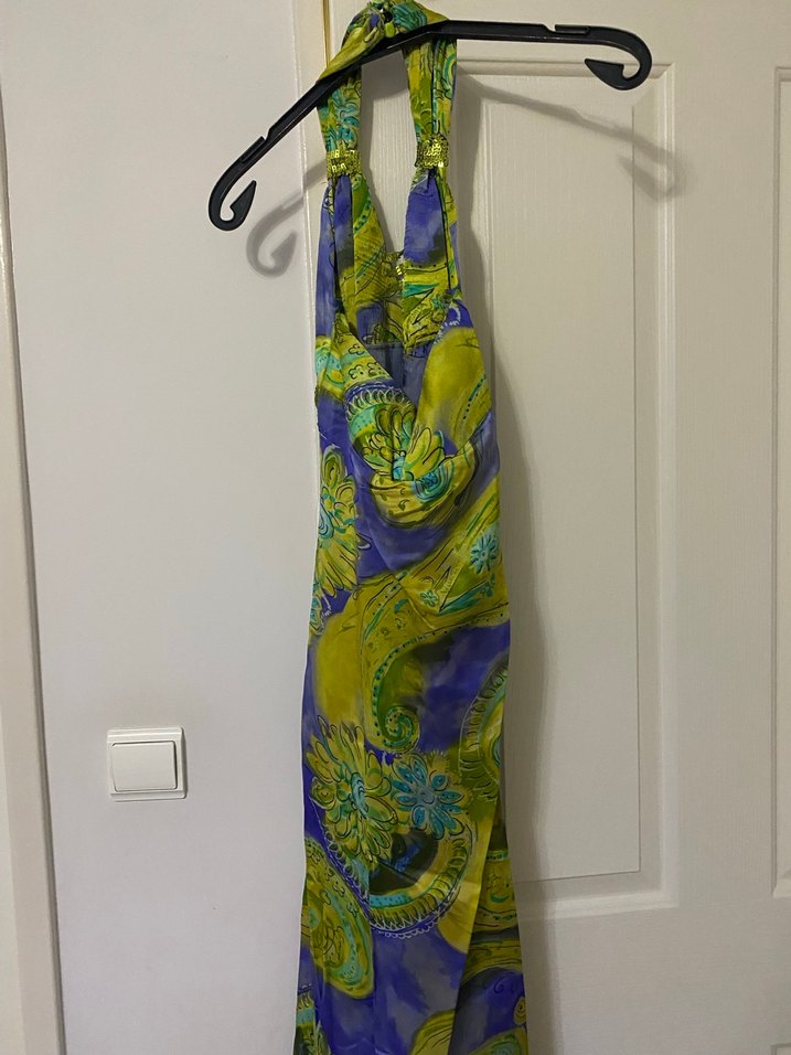 Kolsuz Halter Yaka İpek Dokulu Uzun Elbise - Görsel 3