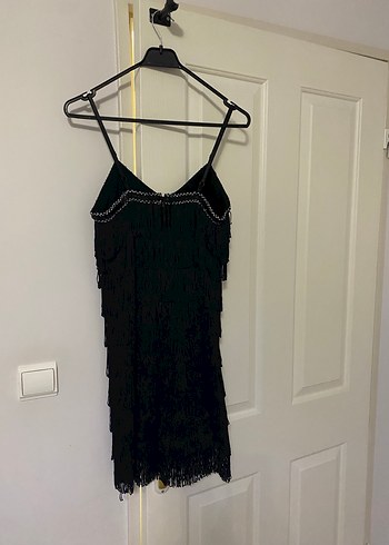 Püsküllü Siyah Mini V Yaka Gotik Elbise - Görsel 2