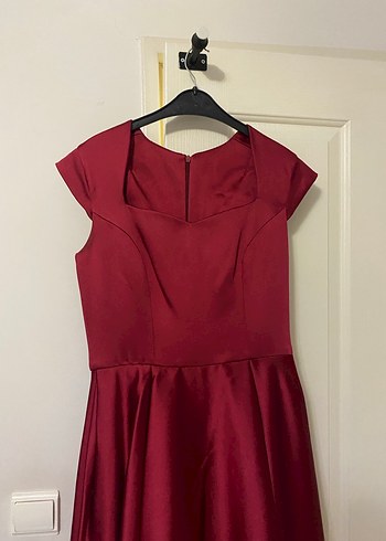 Bordo Uzun Drapeli Kadın Abiye Elbise - Görsel 2