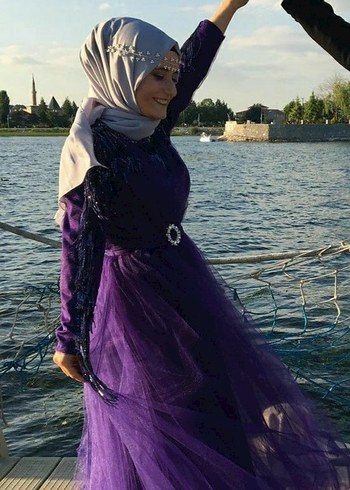 Mor Uzun Kol Drapeli Bohem Tesettür Abiye